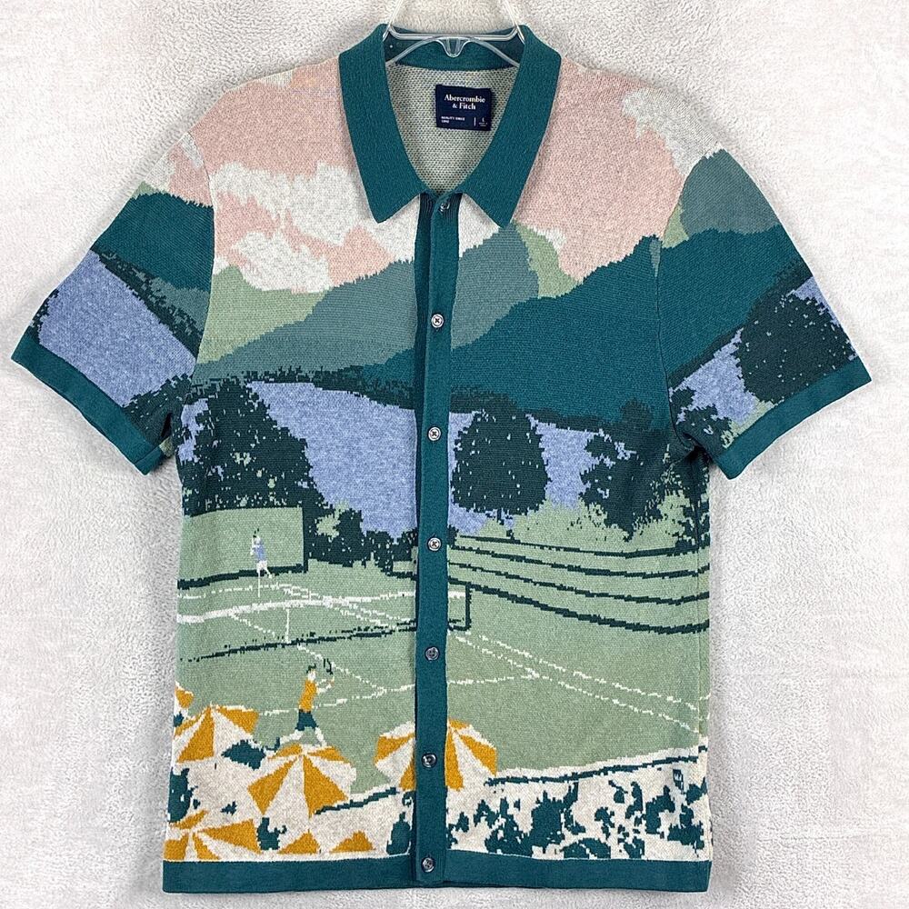 Abercrombie & Fitch Sweater Polo Men L Multicolor Tennis Scene Knit Preppy